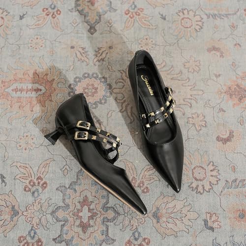 Women's Closed Pointed Toe Low Heel Mary Jane Pumps Fashion Studded Ankle Strap Kitten Heel Formal Heels Wedding Prom Business Dress Shoes4