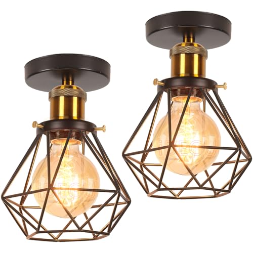 Lustre Plafonnier Industriel Métal iDEGU Lot de 2 Suspensions Cage Vintage Noir Ø16cm E27