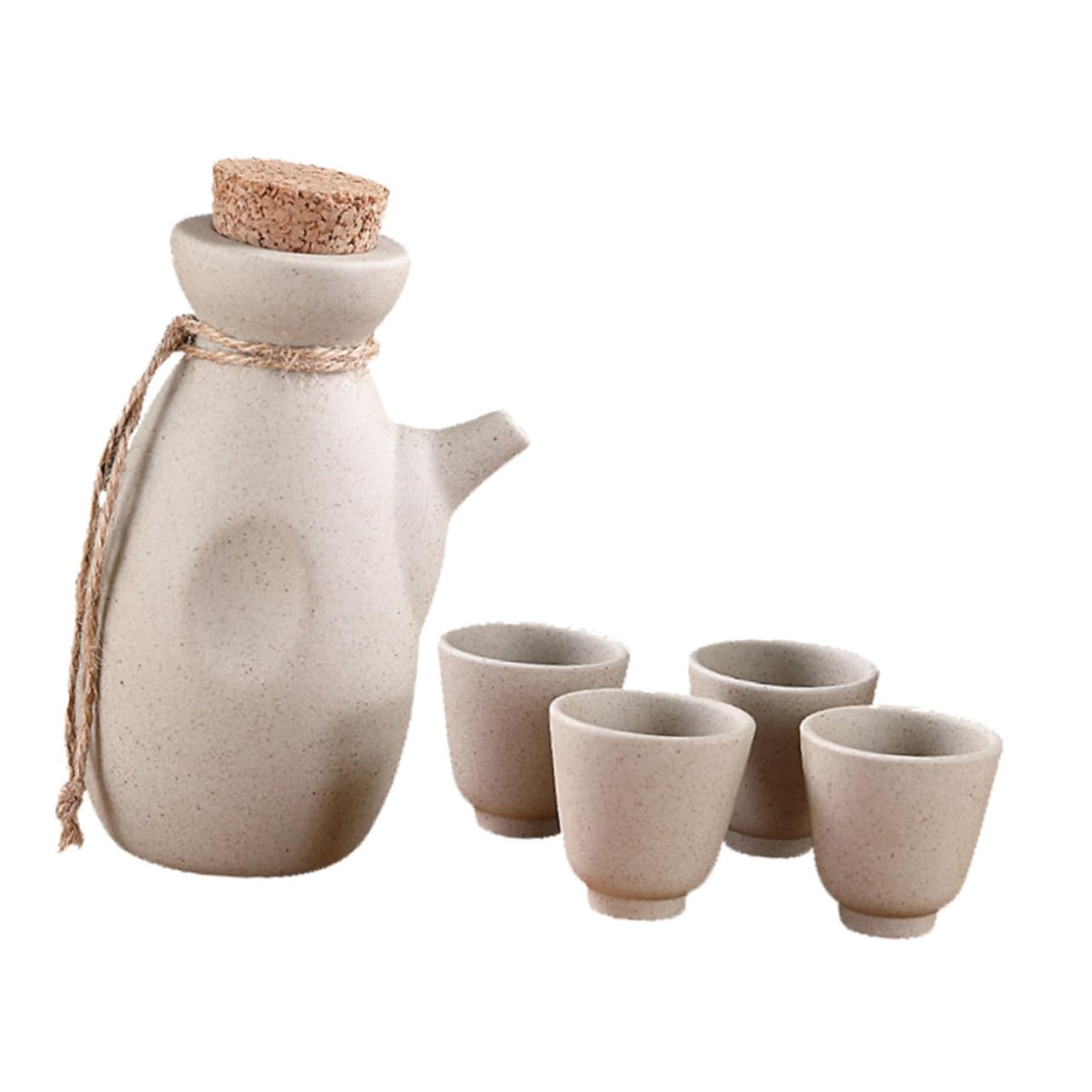 Set di Sakè Giapponese in Ceramica Beige, Bottiglia da 300ml e 4 Tazze da 50ml Superficie Liscia, Multiuso per Ristoranti e Hotel