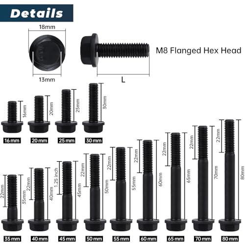 Image of Glvaner M8-1.25 x 50mm (12 pcs) Alloy Steel Flanged Washer Head Hex Bolts, Extra-Large Washer Head, 10.9 Grade Black Oxide Finish GB5789 Partial Thread