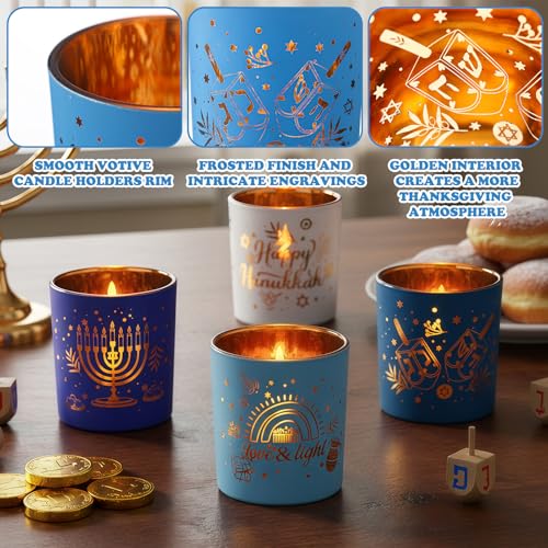 Qinyoung Happy Hanukkah Menorah キャンドルホルダー 4個セット ハヌカーデコレーション ティーライト 奉納キャンドルホルダー テーブル用 ユダヤ人のホリデーパーティーの記念品やギフトに [3]