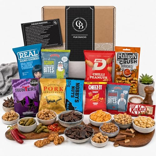 Pub Snacks Hamper Gift Set - Savoury Snacks Box Includes 11 Bar Snacks Savoury Pork scratchings Nuts Crisps Beef Jerky Quiz Card and Much More. Pub Treats Box & Snack Gifts