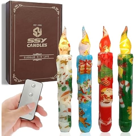 Christmas Candlesticks Flameless Taper Candle,Gedengni 4pcs Red LED Tapered Candles Remote Dipped Candle 6inch Green Battery Chandelier for Enchanting Weddings and Harry Potter Inspired Vigils(CHMAS) Cover