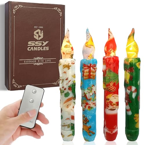 Image of Christmas Candlesticks Flameless Taper Candle,Gedengni 4pcs Red LED Tapered Candles Remote Dipped Candle 6inch Green Battery Chandelier for Enchanting Weddings and Harry Potter Inspired Vigils(CHMAS)