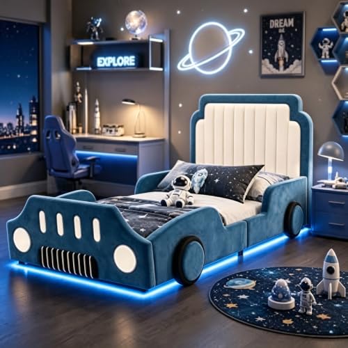 Calivra Kinderbett 90x200 cm im Auto-Design mit Schutzgitter und LED, gepolstertes Einzelbett aus Samt, Blau