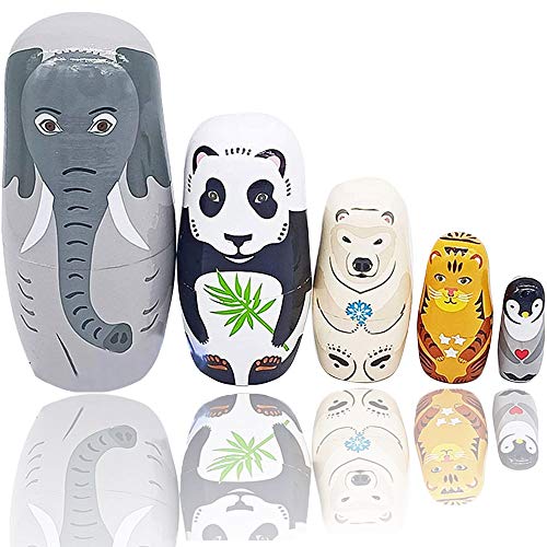 Russian Nesting Dolls Matryoshka Dolls Panda Polar Bear Elephant Penguin Tiger Wooden Stacking Dolls for Kids Handmade Cute Cartoon Animals Nesting Dolls for Birthday Gift Set of 5pices Arita