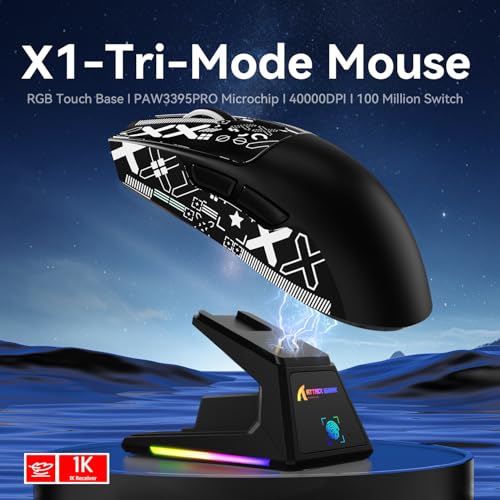 Image of MAMBASNAKE ATTACK SHARK X1 Wireless Gaming Mouse with RGB Charging Dock,PAW3395 PRO Sensor 40K DPI,1KHz Polling Rate 53g Superlight Tri-Mode Computer Mice,5 Programmable Buttons for WIN /MAC-Black&Tape