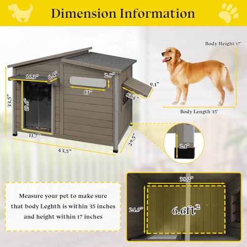 Gowoodhut Dog House Outdoor Weatherproof Large Wooden Dog Kennel Indoor with Chew-Proof Iron Frame, Removable Floor, and Adjustable Window for Medium Dogs (Grey, 43.5" D x 29.5" W x 33.5" H)