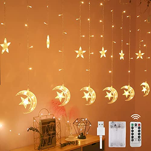 FemKey Luci Stella Natale, Tenda Luminosa Stelle Luna 3.5M 126LED con Telecomando, Luci di Natale 8 Modalità USB/Batteria, Catena Luminosa Stella IP44 per Albero di Natale Finestra Bianco Caldo