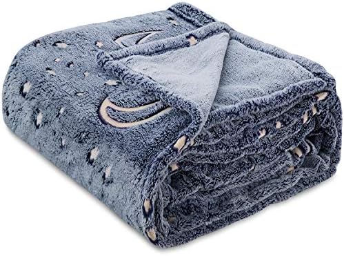 Glow in The Dark Throw Blanket, Moon and Stars Soft Warm Cozy Fuzzy Plush Blanket for Kids Teenage Boys Girls Women Best Friend Birthday Christmas (50 x 60 inches Blue)