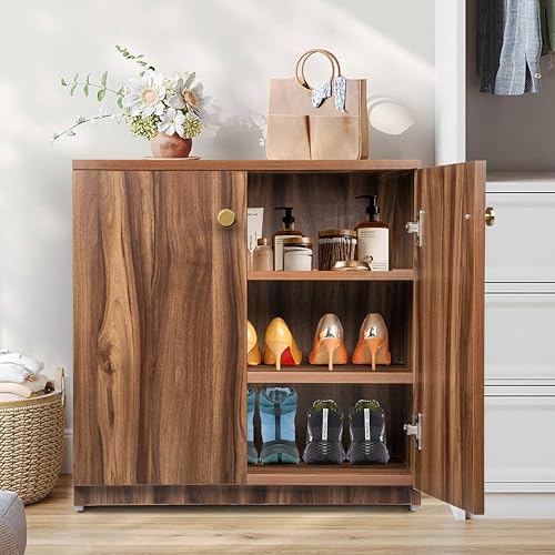 Image of Wooden Shoe Rack with Doors | 3 Tier Closed Shoe Cabinet for Home | Space Saving Footwear Storage Unit for Entryway, Living Room & Bedroom (L 60 x B 32 x H 60 cm) (DARK ASAIN, 3 Shelves) DIY