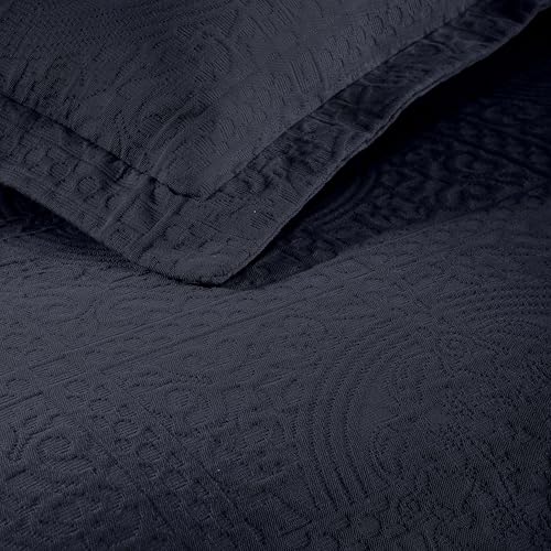 Superior Cotton Fleur De Lis Bedspread Set, Warm Blankets, All-Season Bedding, Bedroom Decor, Decorative Boho Medallion Coverlet, Includes 1 Bedspread, 2 Pillow Shams, Queen, Navy Blue