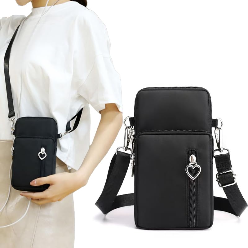 Black Small Crossbody Bag for Women-Mini Nylon Phone Purse with Zipper Closure,Adjustable Strap,and Wallet Pocket,Lightweight & Compact Shoulder Bag