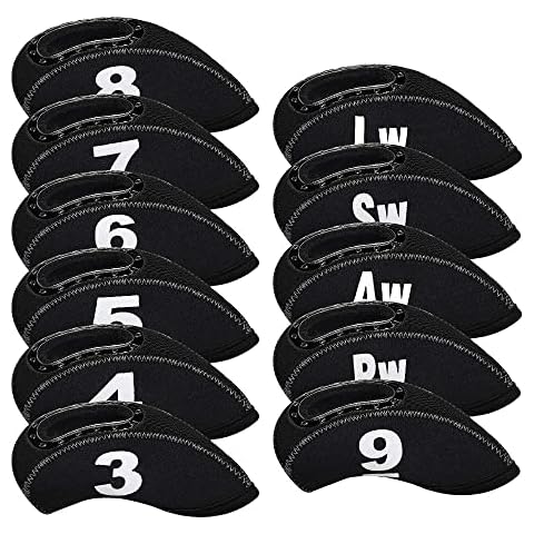 BIG TEETH Golf Iron Head Covers 11Pcs Neoprene Golf Club Protector Flexible with Window and Number Tag Multi Color (All Black) Cover