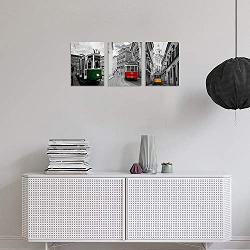 Tutubeer 3 Pcs Black And White Yellow Tram On Narrow Street Of Alfama, Lisbon Red Car Canvas Green Train Canvas Art Europe Colorful Bus 3 Panel Set Wall Art Decor Canvas Stretched And Framed Ready #TOP4