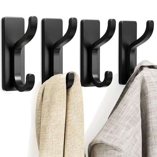 pickpiff Self Adhesive Hooks for Hanging: Heavy Duty Stick On (Hold 6KG), Sticky Hook for Wall, Door, Kitchen, Bathroom - Ideal for Coat, Towel, Clothes, Keys, Purse - Stainless Metal, Black, 4 Pack