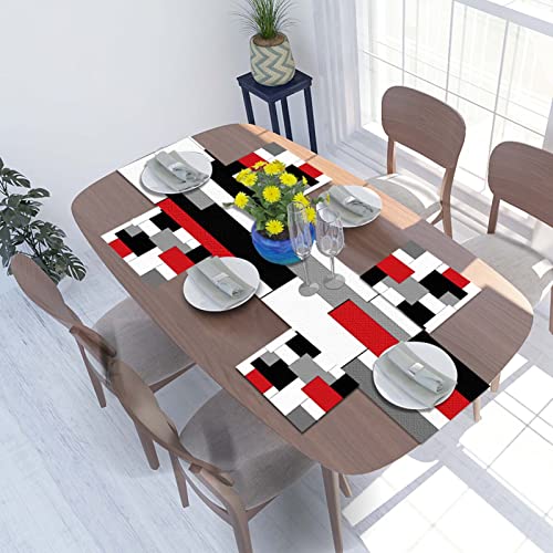 Kinuuis Red Table Runner And Placemats Set,Grey Geometric Cloth Place Mats For Kitchen,Black Placemats Modern Art Washable Linen Material For Dining Table #TOP6