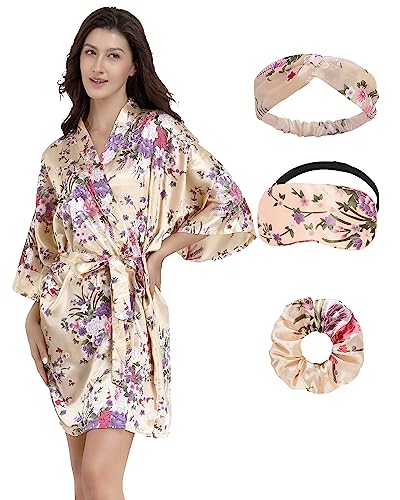 Image of EPLAZA Womens Floral Satin Robe Bride Bridesmaid Robes Wedding Kimono