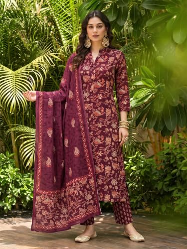 Image of Vaamsi Women's Floral Printed Straight Kurta Pant With Dupatta Set | kurta sets for woman