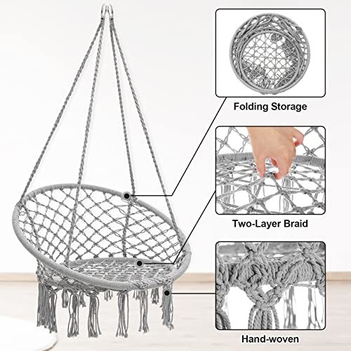 Image of Garpans Hammock Chair Macrame Swing Bohemian Style Hammock Swing Chair with Tassels Hanging Swing Chair Handmade Knitted Cotton Rope for Indoor Outdoor Bedroom Patio Max 330 Lbs Grey