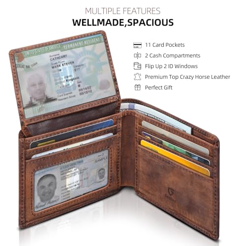 GSOIAX Premium Crazy Horse Leather Wallet for Men-Handcrafted Vintage Bifold Wallet with 11 Card Slots,2 ID Windows & 2 Cash Pockets,RFID Blocking,Gift ideas for Him (Brown)4