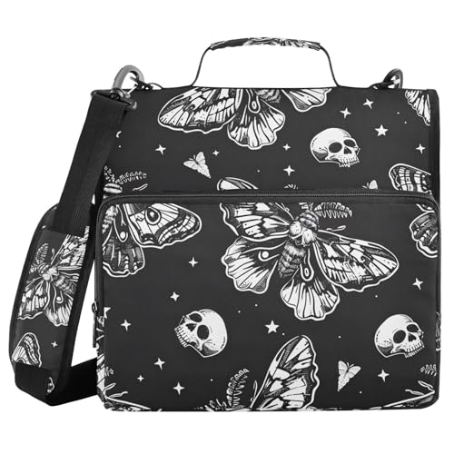 Image of 3 Ring Zipper Binder with Shoulder Strap Skull Moon Moth Black Skeleton 1.5 inch Binders Keeper Large Capacity Multi Pockets for School Office Supplies