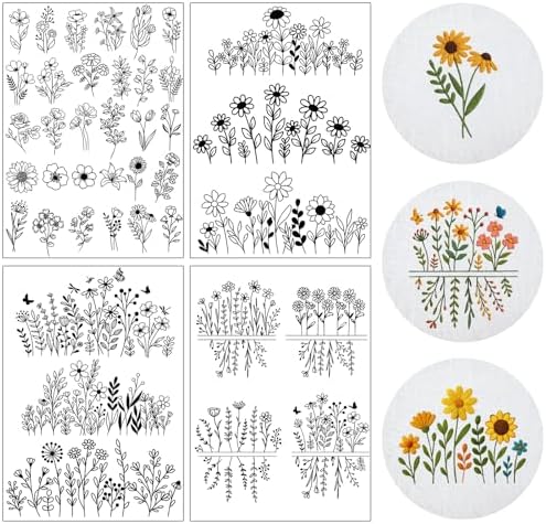 Flower Water Soluble Embroidery Patterns - 4 Sheets 40 Pcs Stick and Stitch Embroidery Papers Wash Away Pre-Printed Floral Pattern Transfers, Customized Gift for Hand Sewing Lover Beginners