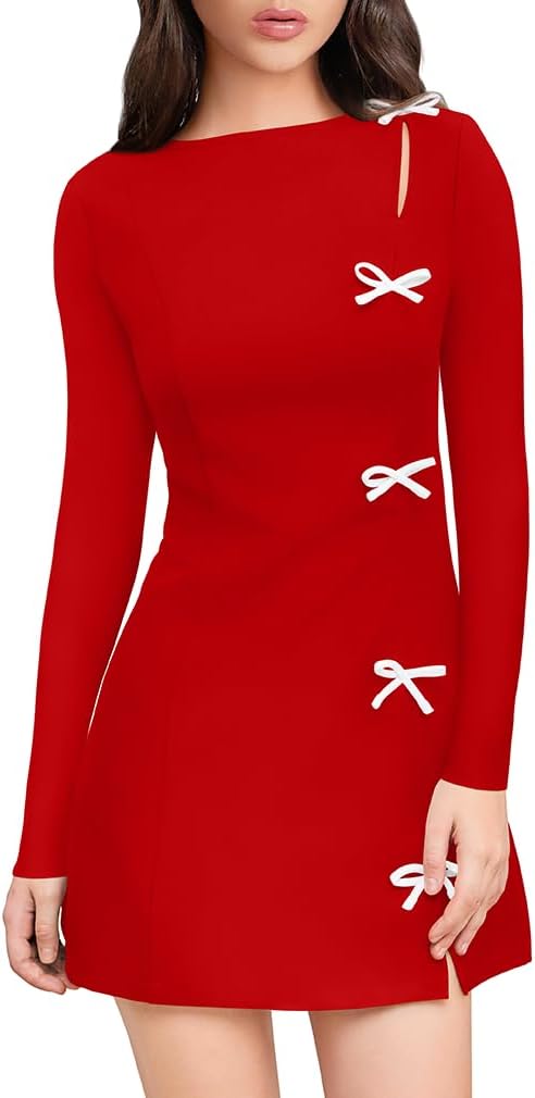 XXTAXN Women's Fall Long Sleeves Boat Neck Elegant Bow Y2k A Line Mini Dress
