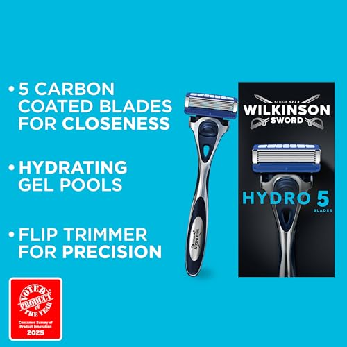 Wilkinson Sword Hydro 5 Skin Protection Razor, Carbon Coated 5 Blades, Hydrating Gel, Flip Trimmer, 1 Handle + 13 Refills, Men's - Image 3