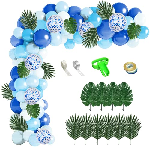 XIRUISHEN 122 PCS Blue Ocean Balloon Arch Garland Kit, Blue Confetti Balloon Palm Leaf Hawaiian Theme Graduation Ceremony Anniversary Celebration Birthday Party Wedding Decorations