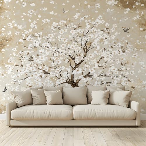 MKBKLI Papel pintado mural con hermosos árboles en flor blanca, telón de fondo para fotos, no tejido, póster para sala de estar, dormitorio, tema de televisión, hotel, decoración cálida, papel de 250