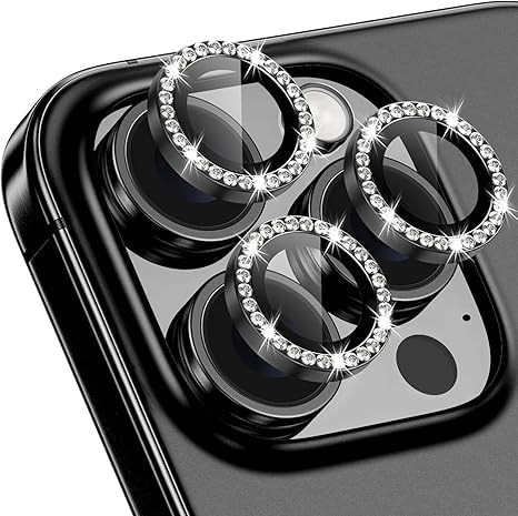 Image of for iPhone 16 Pro /16 Pro Max Camera Lens Protector Bling Individual Metal Diamond Ring 9H Hardness Scratchproof Protector, Stylish Phone Accessories, Case Friendly (Black Diamond)