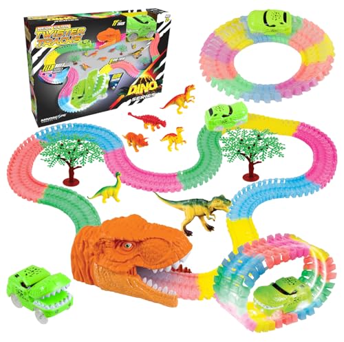Mindscope NEON Glow Twister Tracks Dino Series 11 Feet of Neon Glow in The Dark Track Set with Dinosaur Accessories