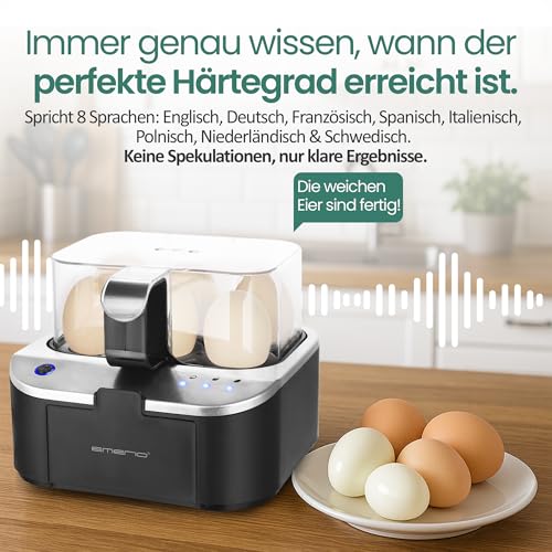 EMERIO sprechender Eierkocher SIEGER Preis/Leistung NEUHEIT kocht alle drei Garstufen [weich|mittel|hart] in EINEM Kochvorgang mit perfektem Ergebnis Sprachausgabe in DE BPA frei, EB-123177.1