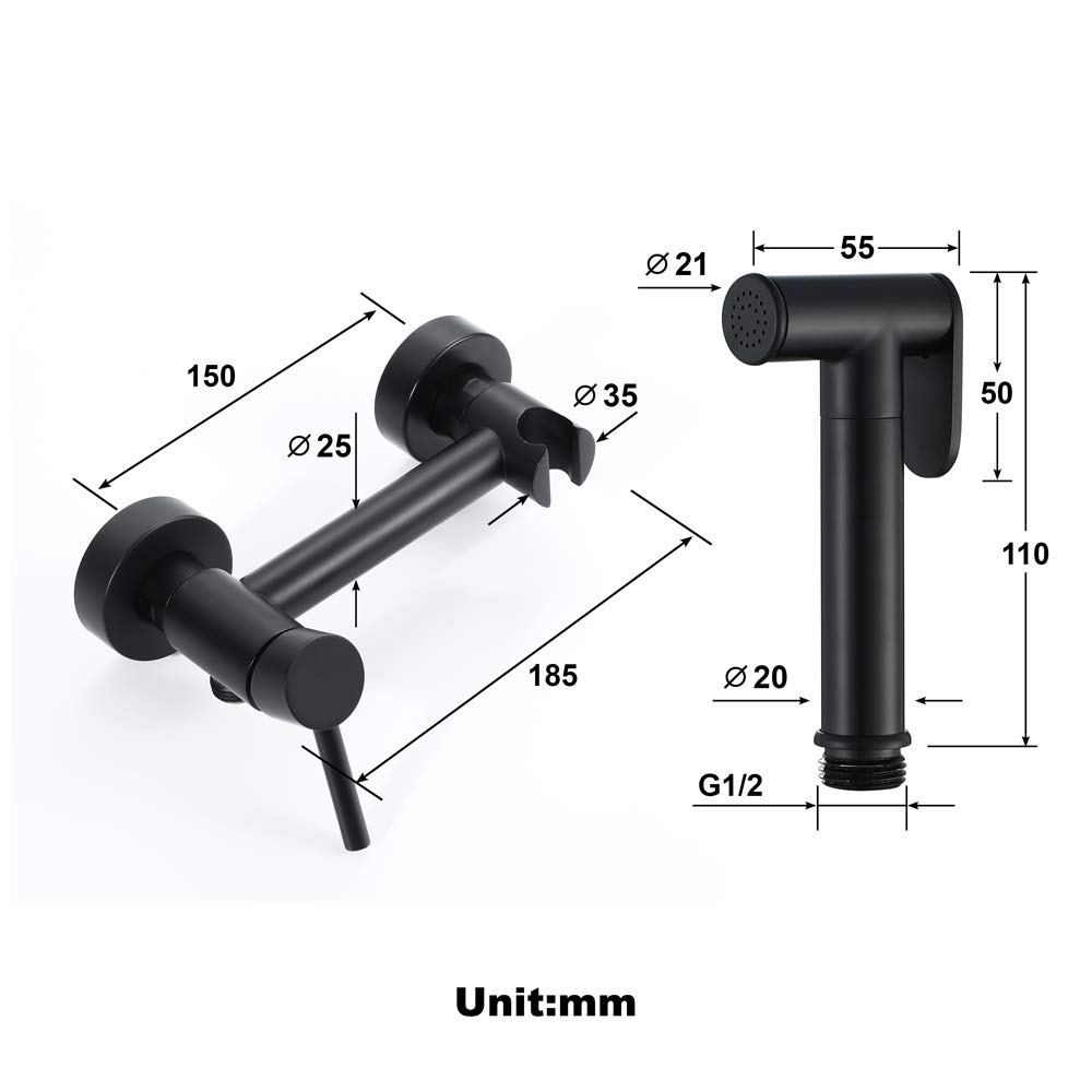 Spruzzatore per Bidet Portatile Set soffione Doccia Caldo Freddo in Ottone Nero per sciacquone del Bagno, Vasca per Animali Domestici e igiene Personale,B85mmpitch