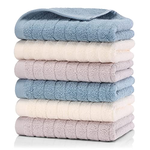 HomeFirst フェイスタオル 6枚 セット タオル 約71ｘ35cm 重さ約100g/枚 綿100% 人気 ホテル仕様 ふんわり 柔らかな肌触り 吸水 速乾 家庭、ホテル、スポーツなどに最適 3色