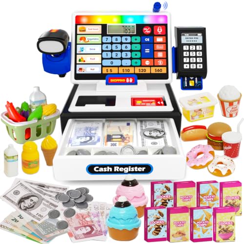 Image of LED Calculator Cash Register Toy - Pretend Play Set Kids Cash Register with Scanner, Microphone and Credit Card, Math Skills Toy for 3, 4, 5, 6 7 8+ Year Old Boy Girl