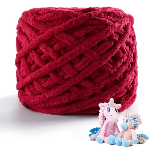 Image of Chunky Chenille Yarn for Crocheting - Baby Blanket Yarn for Crochet Amigurumi Home Decor, Soft Thick Yarns for Beginners Hand Knitting 74 Yds 3.5 Oz Each Skein(Jujube Red)