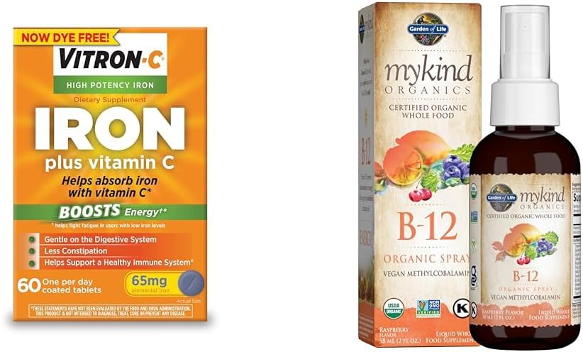 Vitron-CIron Supplement, Once Daily, High Potency Iron Plus Vitamin C, Supports Red & Garden of Life Organics B12 Vitamin - Whole Food B-12 for Metabolism and Energy, Raspberry