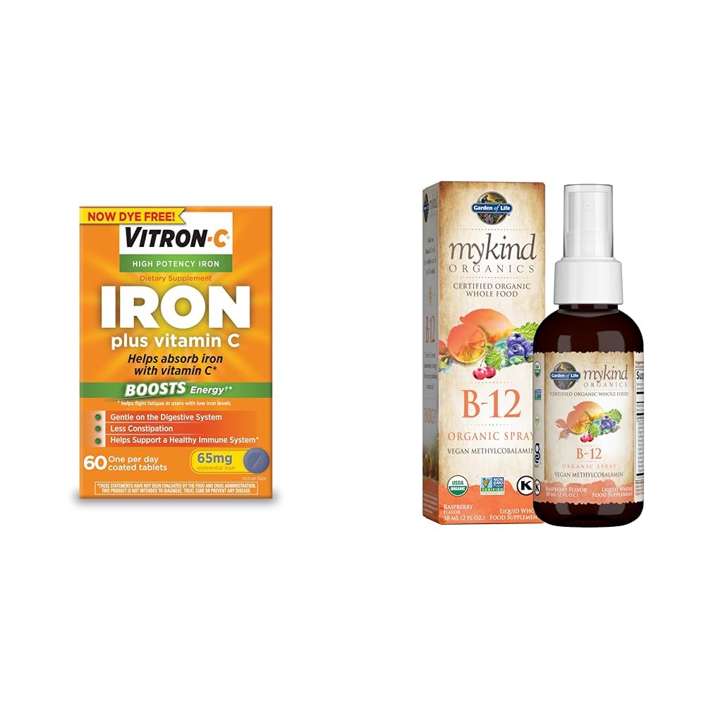 Vitron-CIron Supplement, Once Daily, High Potency Iron Plus Vitamin C, Supports Red & Garden of Life Organics B12 Vitamin - Whole Food B-12 for Metabolism and Energy, Raspberry