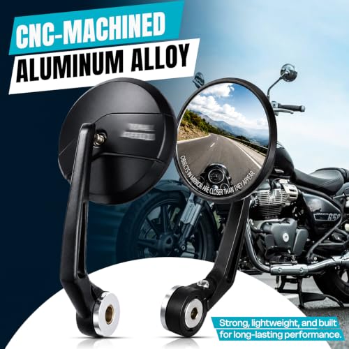 Image of OTOROYS Premium Motorcycle Bar End Mirror, Metal Handle ABS Frame Round Convex Black for Classic 350 | Bullet 350 | Hunter 350 | Meteor 350 | Continental GT 650 | Interceptor 650 | Himalayan Set of 2