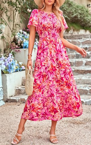 Image of PRETTYGARDEN Women's 2026 Summer Casual Flutter Short Sleeve Boho Floral Maxi Dress Crew Neck Smocked Tiered Long Dresses
