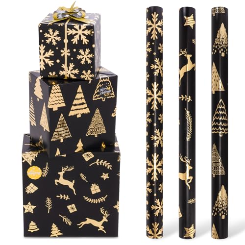 Toptime Christmas Wrapping Paper Roll, 3 Black Gold Wrapping Paper 43cmx3m with Gift Ribbon Stickers