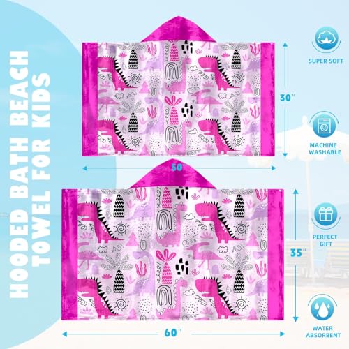 Image of Dinosaur Girls Beach Towel with Hoodie for Kids Toddlers Age 4-8, Pink Bath Towels Shower Wrap for Girls, Hooded Poncho Beach Blanket for Pool Swimming Cute Wearable Bath Towel for Child