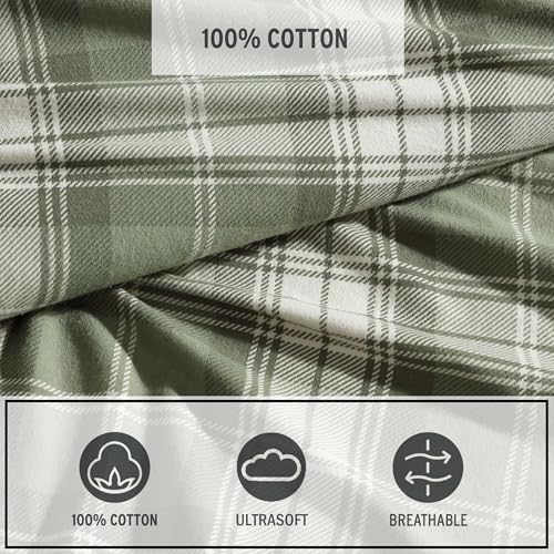 Image of Eddie Bauer - King Bed Sheets, Cotton Flannel Bedding Set with Matching Pillowcases, Brushed for Extra Softness, Deep Pocket, Oeko-Tex Certified (Heartland Plaid Green)