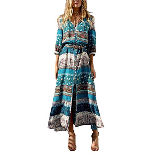 Vestido largo floral de mujer Butterme Vintage con cuello en v. Bohemia Boho Side. Vestido con cuello alto Manga larga. Maxi Vestido para playa verde verde xx-large