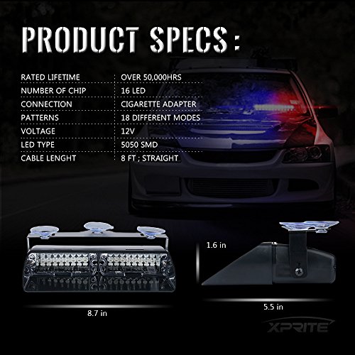 Xprite 16 Led Warning Strobe Lights Windshield W/ Suction Cups Law Enforcement Emergency Hazard Light For Vehicle Interior Roof Dash - White #TOP6