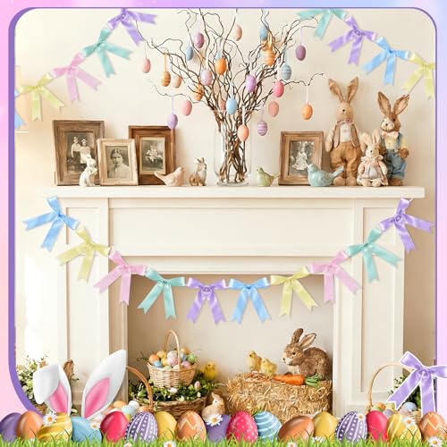 Image of NatNarr 2 Pcs Pastel Bow Garland Banner, Pre-Strung Satin Ribbon Bow Banner Pastel Party Decorations for Home Classroom Decor Bridal Baby Shower Birthday