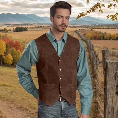 Mens Vests Suede Leathe Western Cowboy Style Vest Vintage Sleeveless V Neck Casual Waistcoat4