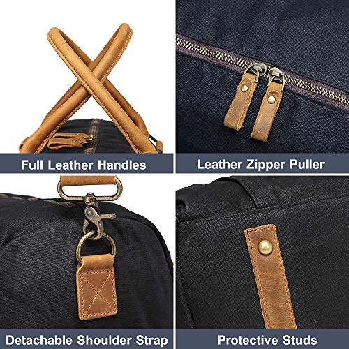 Canvas Duffel Bag,Vaschy Water-Resistant Waxed Canvas Duffle Large Leather Overnight Travel Bag with Shoe Compartment 46L Carry-on Holdall Baggage Weekend Bag